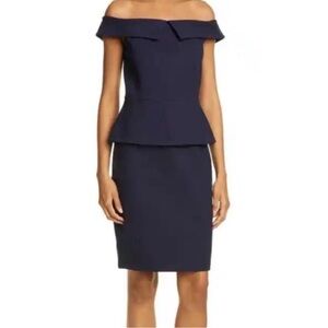 TED BAKER Dress Navy Peplum Off The Shoulder Classic Party City Elegant Sz 4